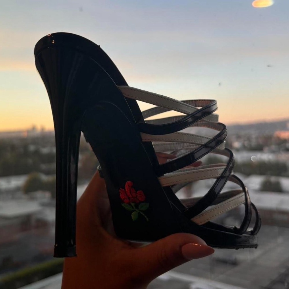 Vintage Free Lance Black and white criss cross open back patent leather heels